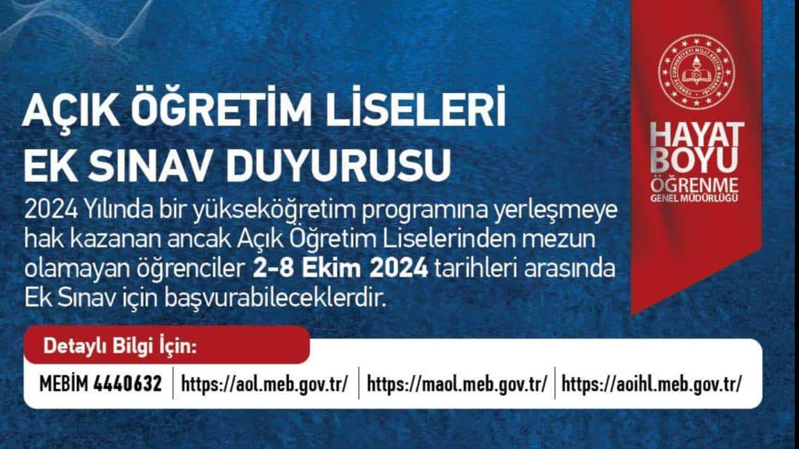 Yükseköğretim Programına Yerleşen Öğrenciler İçin Ek Sınav AÇIK LİSE